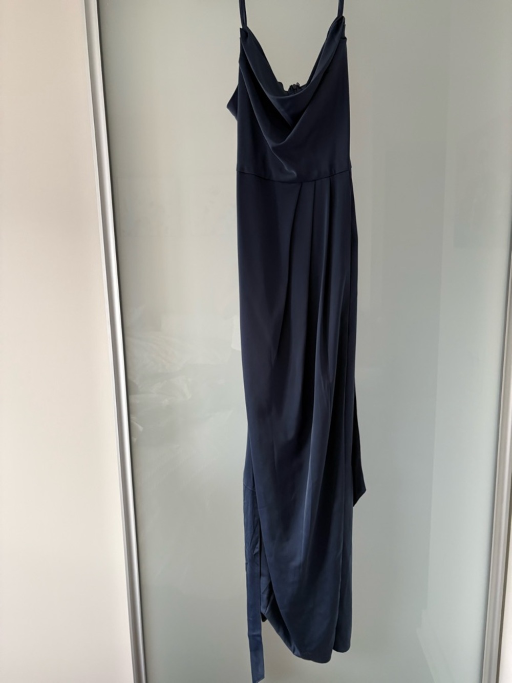 Elegant Navy Satin Cowl-Neck Maxi Dress